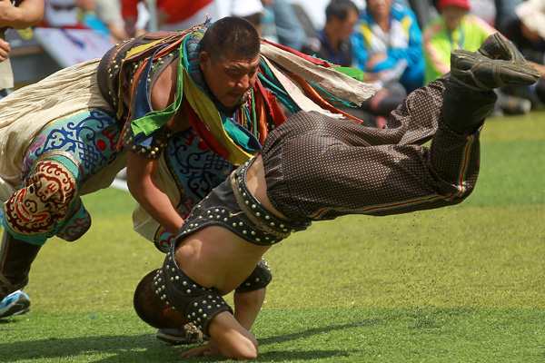 Wrestlers compete during the opening day of the year's Naadam Festival in Xinlin Gol, situated on the grasslands of the Inner Mongolia autonomous region, Aug 8, 2013. 