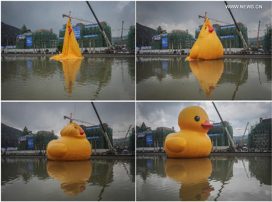 Combination photo taken on July 3, 2014 shows a giant yellow rubber duck is inflated on Nanming River in Guiyang, capital of southwest China's Guizhou Province. The 18-meter-tall rubber duck, brainchild of Dutch artist Florentijn Hofman, will berth in Guiyang from July 4 to August 24. [Photo/Xinhua]