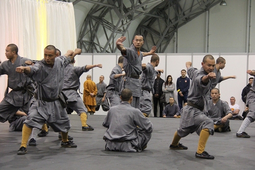 Disciples perform ahead of a press conference for the 3rd Shaolin Cultural Festival in London, UK on Oct 8, 2014. [Photo/Xinhua]